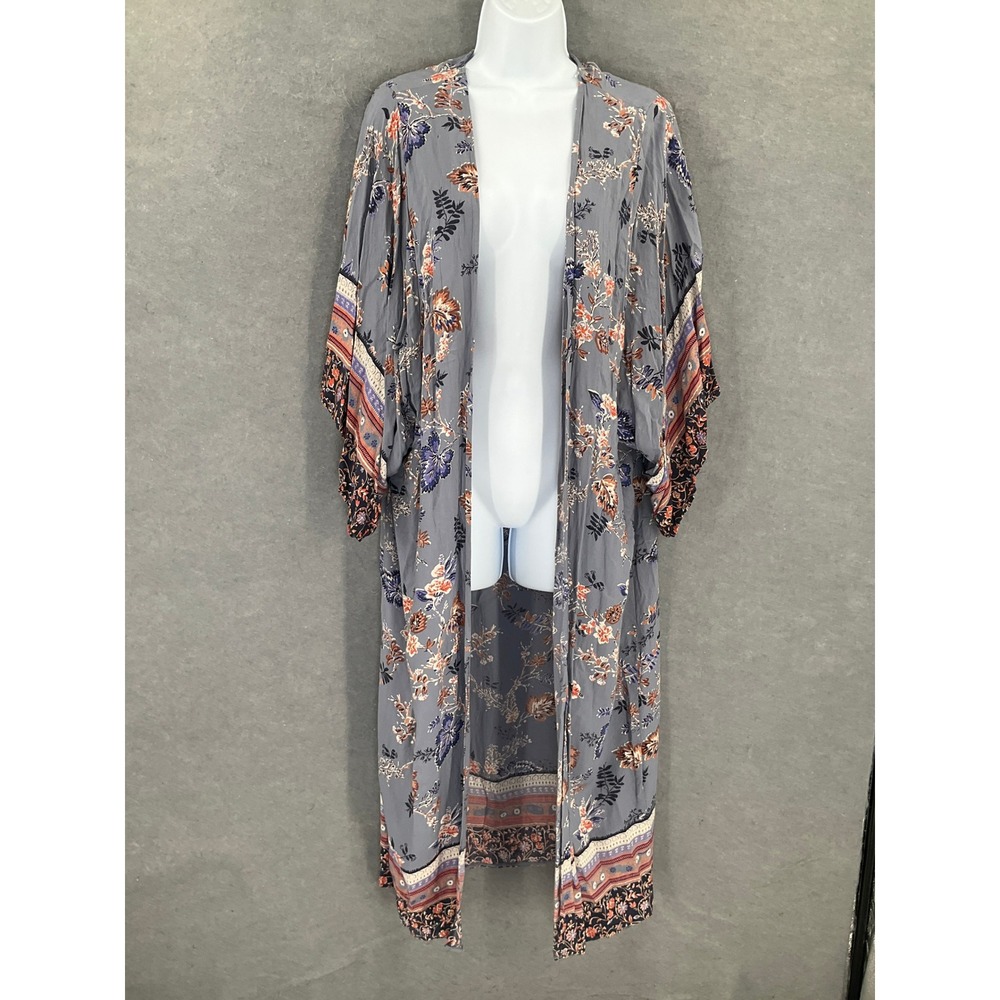 ANGIE Women's Sz L‎ Gray Floral Print Long Kimono Cardigan Duster Bohemian